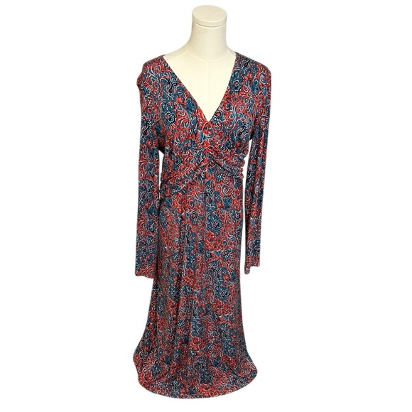 Boden Women's Elodie Empire Midi Dress Size 12R Red Blue Stretch Long Sleeve - Picture 1 of 12